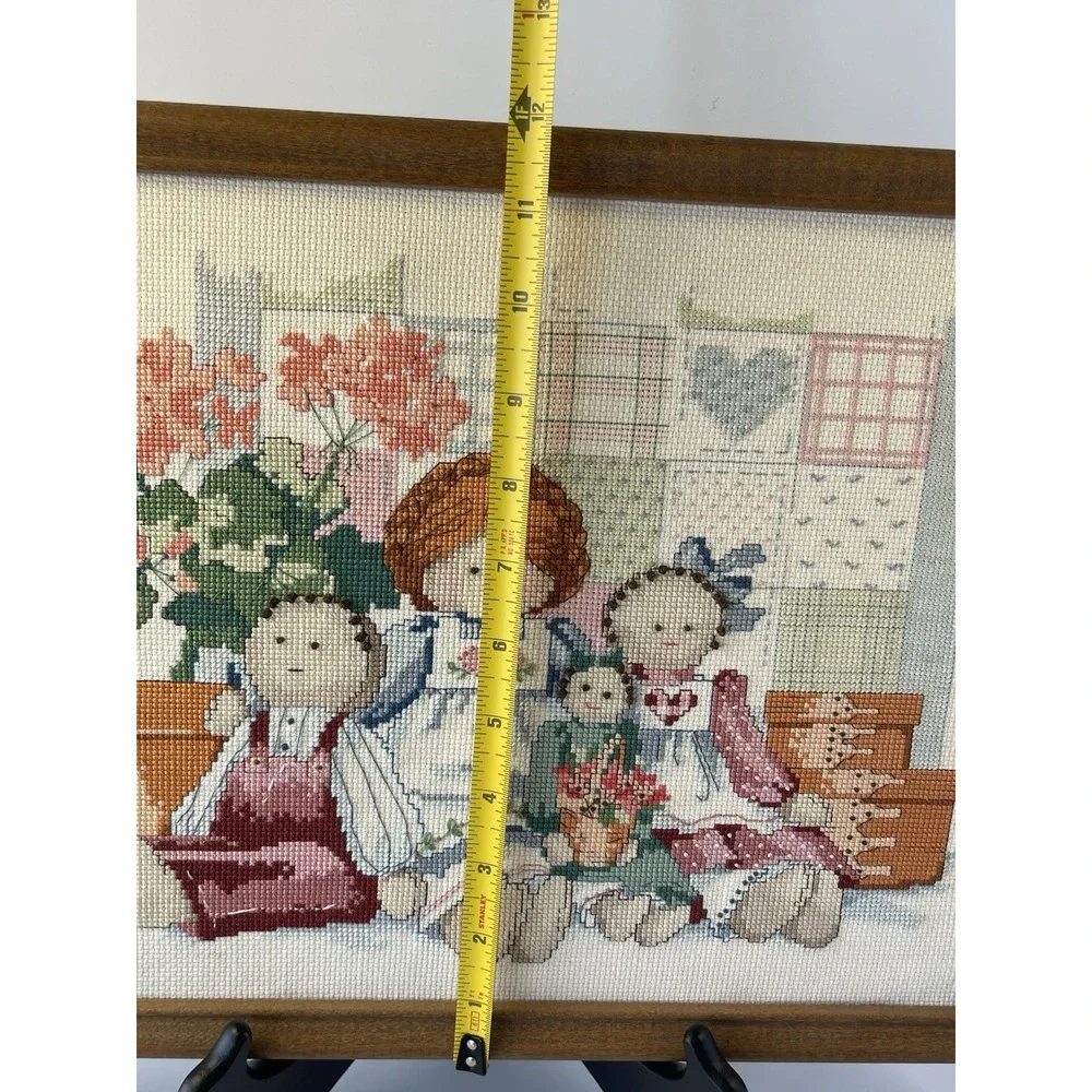 Vintage Needlepoint Handmade Wall Art Wood Frame Mother & Daughters Dolls 15x12